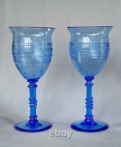 Pair Antique Steuben Signed Threaded Frederick Carder Goblets Celeste Blue