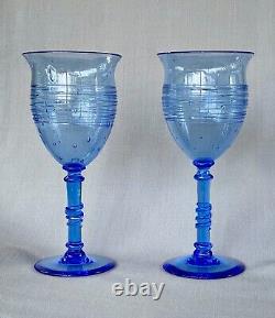 Pair Antique Steuben Signed Threaded Frederick Carder Goblets Celeste Blue