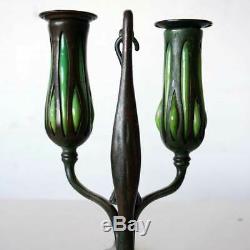 Pair Antique Tiffany Studios Glass & Bronze 2-Light Candlesticks & Snuffers