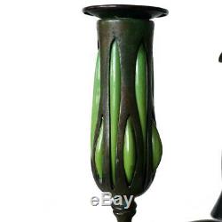 Pair Antique Tiffany Studios Glass & Bronze 2-Light Candlesticks & Snuffers