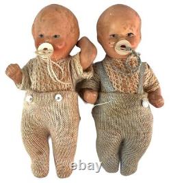 Pair Antique Twin Babydoll Miniatures Aprox 3 1/4 Inch Paper Pacifiers Signed