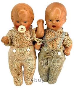 Pair Antique Twin Babydoll Miniatures Aprox 3 1/4 Inch Paper Pacifiers Signed