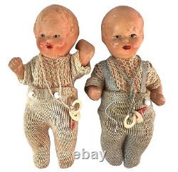 Pair Antique Twin Babydoll Miniatures Aprox 3 1/4 Inch Paper Pacifiers Signed