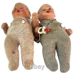 Pair Antique Twin Babydoll Miniatures Aprox 3 1/4 Inch Paper Pacifiers Signed