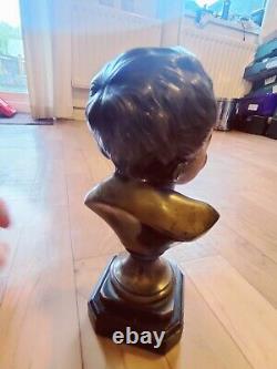 Pair Antique Victorian Bronze Bust Signed Chardigny Child Baby Putti Fitted base