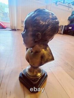 Pair Antique Victorian Bronze Bust Signed Chardigny Child Baby Putti Fitted base