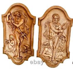 Pair Antique Victorian Relief Brass Plaques Zeus & Poseidon Mythical Gods 13