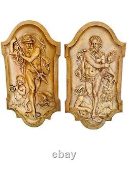 Pair Antique Victorian Relief Brass Plaques Zeus & Poseidon Mythical Gods 13