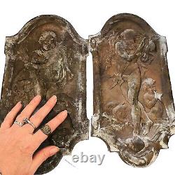 Pair Antique Victorian Relief Brass Plaques Zeus & Poseidon Mythical Gods 13