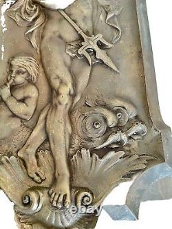 Pair Antique Victorian Relief Brass Plaques Zeus & Poseidon Mythical Gods 13