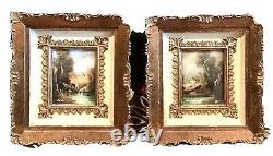 Pair Antique Vintage 19C ItalianHand Painted Miniatures Landscapes Signed Belli