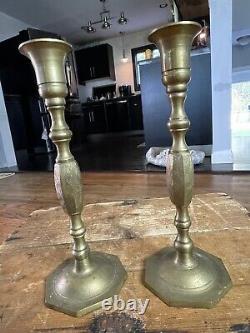 Pair Antique Vintage Chinese Brass Candlesticks Signed CHINA Engraved 9 3/4H