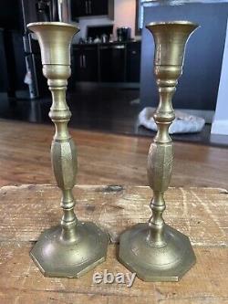 Pair Antique Vintage Chinese Brass Candlesticks Signed CHINA Engraved 9 3/4H