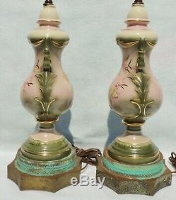 Pair Antique/Vtg Signed Pizzino Hnd Ptd Pink Rose Porcelain Urn Gold Table Lamps
