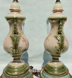 Pair Antique/Vtg Signed Pizzino Hnd Ptd Pink Rose Porcelain Urn Gold Table Lamps