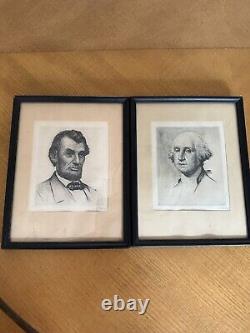 Pair Antique Wilhelmina Pech Signed Etchings Abraham Lincoln And George Washin