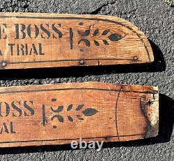 Pair Antique Wood Trade Signs Quack Medicine I AM THE BOSS Late 1800s Wagon Side