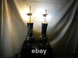 Pair-Antique c1860-88 Montigny Sur Loing French Barbotine Majolica Signed Lamps