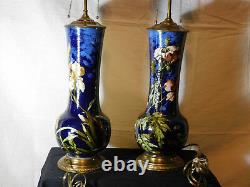 Pair-Antique c1860-88 Montigny Sur Loing French Barbotine Majolica Signed Lamps