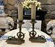 Pair Antique Gilt Bronze Green Neoclassical Signed Cas-o-lux Candlestick Lamps