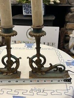 Pair Antique gilt bronze green neoclassical signed Cas-O-lux Candlestick Lamps