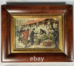 Pair Antique to Vintage French Market Oil Painting Pair, in Wood Frames