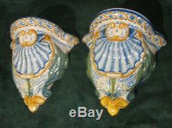 Pair Antiques Henriot Quimper France Wall Vase Stand Signed and Marked