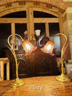 Pair Art Nouveau Antique Style Brass Table Lamps, Signed Red Vaseline Shades