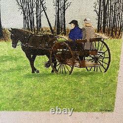 Pair Artist Signed Paul Shaub Acrylic On Canvas Horse Drawn Carriage Woods Field