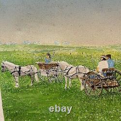 Pair Artist Signed Paul Shaub Acrylic On Canvas Horse Drawn Carriage Woods Field