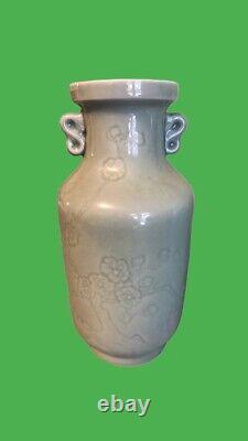 Pair Asian Chinese Celadon Glazed Porcelain Embossed Cherry Blossom Vases SIGNED