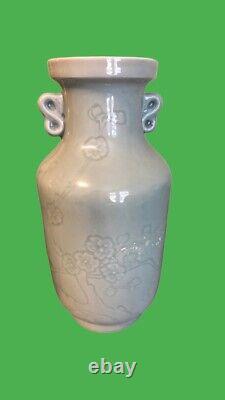 Pair Asian Chinese Celadon Glazed Porcelain Embossed Cherry Blossom Vases SIGNED