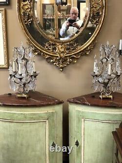 Pair Baccarat Girandoles, Signed. Early Gilt Bronze 3 Light