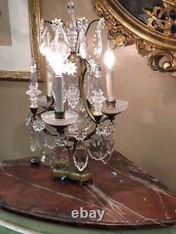 Pair Baccarat Girandoles, Signed. Early Gilt Bronze 3 Light