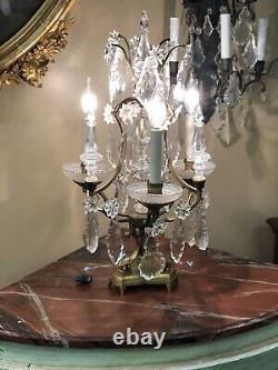 Pair Baccarat Girandoles, Signed. Early Gilt Bronze 3 Light