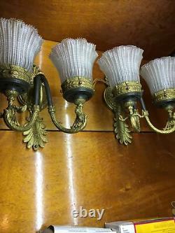 Pair Brass Wall Double Arm Sconces Signed Holophane Ref Gas Lt Co Electric