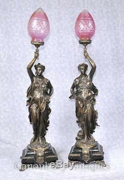 Pair Bronze Lights Signed Gregoire Statue Liberty Torcheres Lamp