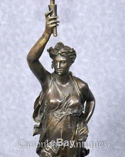 Pair Bronze Lights Signed Gregoire Statue Liberty Torcheres Lamp