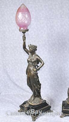 Pair Bronze Lights Signed Gregoire Statue Liberty Torcheres Lamp