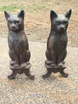 Pair Cast Iron Cat Andirons Signed Howes 3007