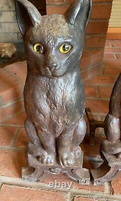 Pair Cast Iron Cat Andirons Signed Howes 3007