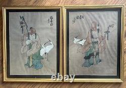 Pair Chinese Antique Paintings On Silk Signed Kangxi Marks