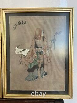 Pair Chinese Antique Paintings On Silk Signed Kangxi Marks