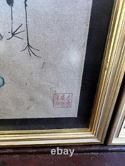 Pair Chinese Antique Paintings On Silk Signed Kangxi Marks