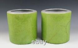 Pair Chinese Apple Green Crackle Porcelain Brush Pot Signed Planter Vase As-Is