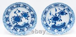 Pair Chinese Blue & White Saucers Bird Porcelain Marks Period Kangxi (1662-1722)