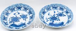 Pair Chinese Blue & White Saucers Bird Porcelain Marks Period Kangxi (1662-1722)