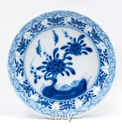 Pair Chinese Blue & White Saucers Bird Porcelain Marks Period Kangxi (1662-1722)