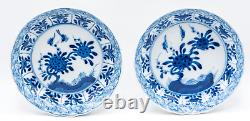 Pair Chinese Blue & White Saucers Bird Porcelain Marks Period Kangxi (1662-1722)