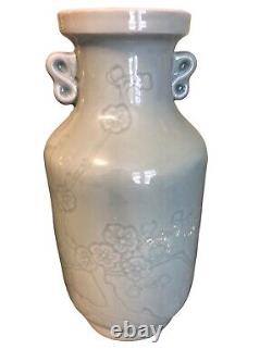 Pair Chinese Celadon Glazed Porcelain Handled Urn Cherry Blossom Vases SIGNED